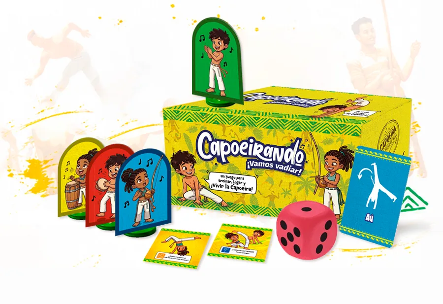 Caja del juego de mesa Capoeirando con sus fichas, cartas y dado